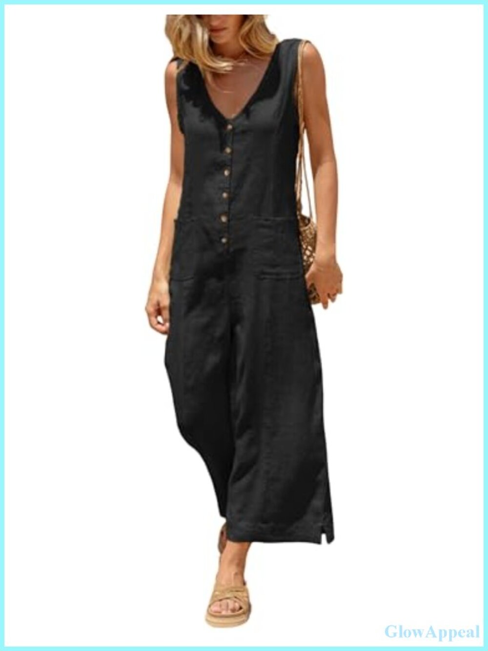 Women's Linen Cotton Button Down Jumpsuit Casual Romper Wide Leg